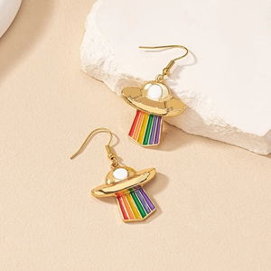 UFO Rainbow Enamel Drip Oil Dangle Earrings For Women Alloy Creative Chic Niche Design Fashion Cartoon Space Jewelry
