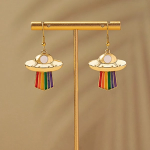 Creative rainbow UFO earrings in gold finish with colorful hanging enamel drop accents