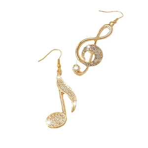 Elegant gold-plated music note earrings with sparkling rhinestones in asymmetrical design