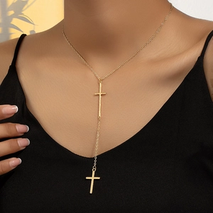 Double Cross Y-Necklace Alloy Golden Chic Long Tassel Lariat Clavicle Chain Adjustable Jewelry Gift For Women