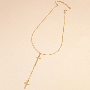 Elegant gold double-layered Y-shaped cross pendant necklace with a fine adjustable link chain