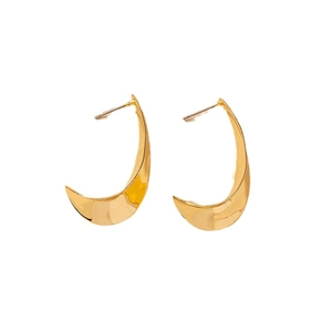 Minimalist gold crescent moon earrings with high polished finish on white background