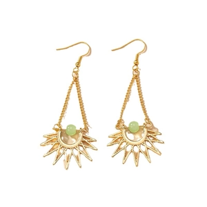 Bohemian gold sun drop earrings with light green stone beads and vintage dangle design