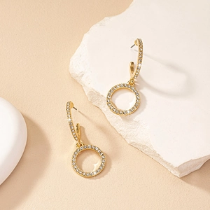 Elegant Geometric Round Hoop Drop Earrings For Women Golden Alloy Encrusted With Sparkling Rhinestone Retro Style