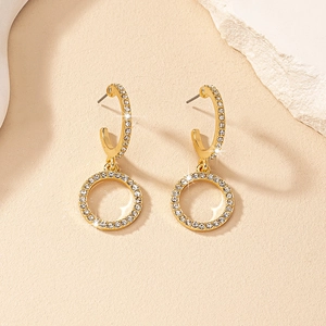 French vintage style gold circle earrings with sparkling white crystals for women