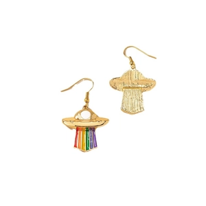 Rainbow enamel UFO drop earrings with gold-toned finish and colorful beam design