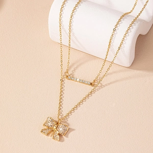 Double Layer Necklace Alloy Rhinestone Bowknot Bar Pendant Elegant Gold Plated Clavicle Chain Jewelry For Women