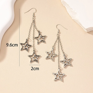 French vintage silver long tassel earrings featuring hollow star pendants and hooks
