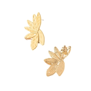 Elegant gold fan-shaped leaf earrings with hammered texture for women