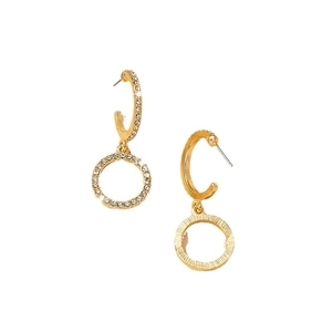 Modern gold double-circle drop earrings with pavé crystals on a minimalist C-shape design