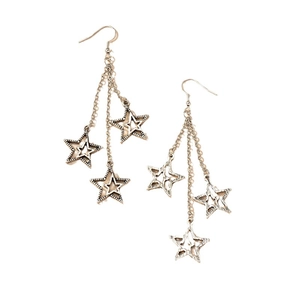 French vintage pentagram drop earrings with long chain tassels in antique silver finish