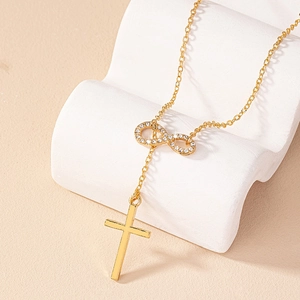 Collana Con Ciondolo Croce E Simbolo Infinito In Lega Con Strass Catena Per Clavicola A Forma Di Y Dorata Da Donna