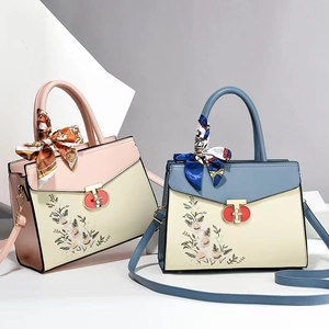 Women Color Block PU Leather Handbag Floral Embroidery Satin Scarf Handle Shoulder Crossbody Bag Elegant Fashion