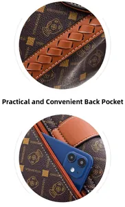 Detail of crossbody bag back zipper pocket holding a smartphone for size reference