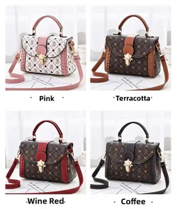 Collage of four vintage crossbody bags with bear print and shield-shaped locks