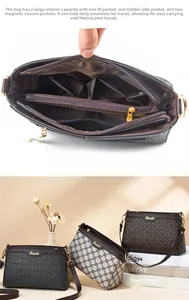 Dettaglio interno della borsa con trama a coccodrillo, tasche e fibbie magnetiche dorate