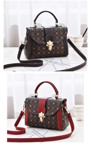 Detail of cartoon bear pattern print and woven edges on contrast crossbody bag