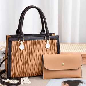 Retro khaki embroidered handbag set with contrasting brown handles and pearl charm