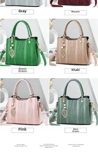 Detailed grid view of textured shoulder bags with leaf charms in six various colors