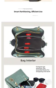 Detailed interior of green rhombic embossed handbag showing main pockets and compartments
