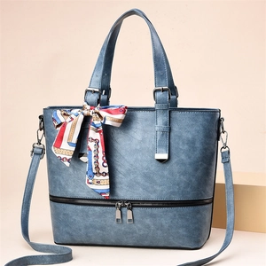 Retro blue PU leather tote bag with vintage silk scarf and double zipper detail