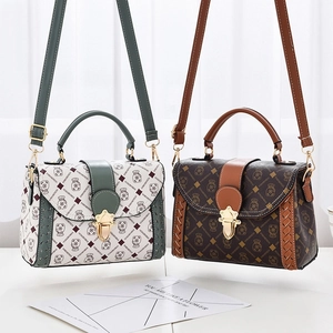 Women Retro Monogram Crossbody Bag PU Leather Bear Print Handbag With Woven Edge Detail Metal Lock Small Square Shoulder Bag