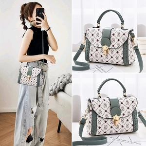 Cartoon bear crossbody bag with cream leather, dark green trim, and woven side details
