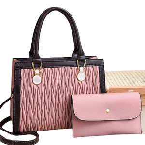 Pink and brown contrast embroidered handbag set with matching long wallet and gold hardware