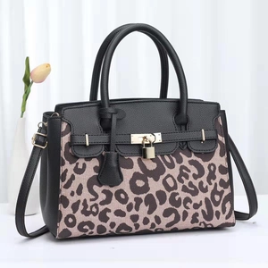 Fashion Women Handbag Leopard Print Canvas PU Leather Splicing Large Tote Crossbody Bag With Padlock Decoration