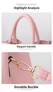 Close-up of pink litchi leather handbag featuring a golden metal hook and arched handle