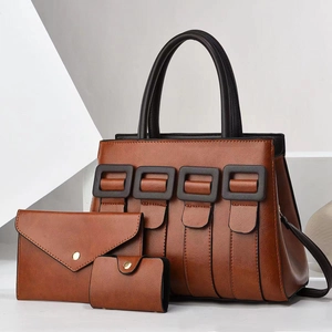 Brown litchi pattern tote bag set with matching envelope clutch and card holder