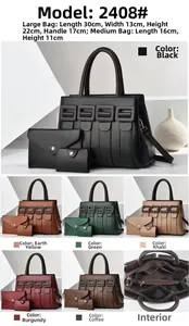 Detailed view of women's 3-piece bag set with litchi pattern including dimensions and colors