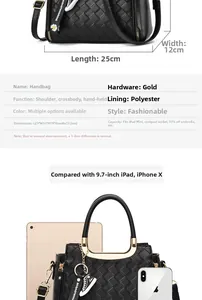 Detailed size chart of black woven PU shoulder bag with iPad and iPhone comparison