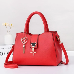 Fashion Women Handbag PU Leather Lychee Pattern Large Capacity Shoulder Crossbody Bag Bear Buckle Heart Tassel Pendant