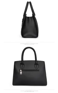 Détail du sac à main noir montrant le profil latéral et la poche arrière zippée