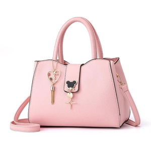 Pink faux leather tote bag with lychee texture and cute animal buckle design