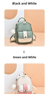 Close-up of bicolor PU leather backpack featuring bee metal buckle and soft pompom charm