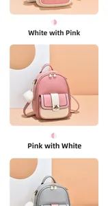Detail of bee buckle and plush ball charm on contrast color patchwork backpack