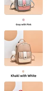 Detail of quilted backpack with bee emblem and fur ball in grey pink and khaki white