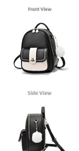 Front and side views of mini black leather backpack with white quilted pocket and bee charm