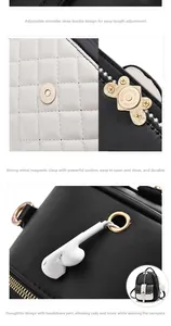 Detail view of contrast quilted backpack with golden butterfly clasp and strap