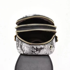 Three-layer crossbody mobile phone bag with classical bird print and gold zippers