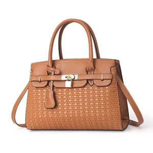 Brown woven texture leather tote bag with top handle and gold padlock closure