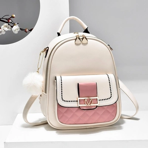Zaino a cartoni animati bicolore bianco crema e rosa con ciondolo a forma di morbido pompon