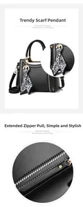 Detail of black leather handbag featuring white contrast stitching and leopard silk scarf