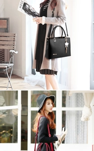 Détail du sac à main en cuir PU noir avec logo doré et breloque à pompon ronde