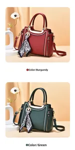 Detail of wine red and green PU leather tote bags with leopard print silk scarves