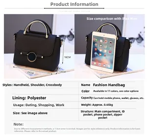 Detailed view showing a black leather tote bag with gold hardware and size dimensions