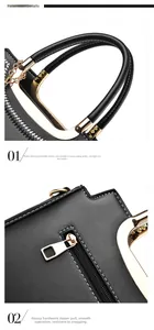 Detail of black tote bag showing white contrast stitching and shiny gold metal hardware