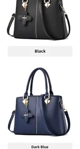 Detalle de bolsos tote en cuero PU negro y azul marino con pedrería y colgante de trébol